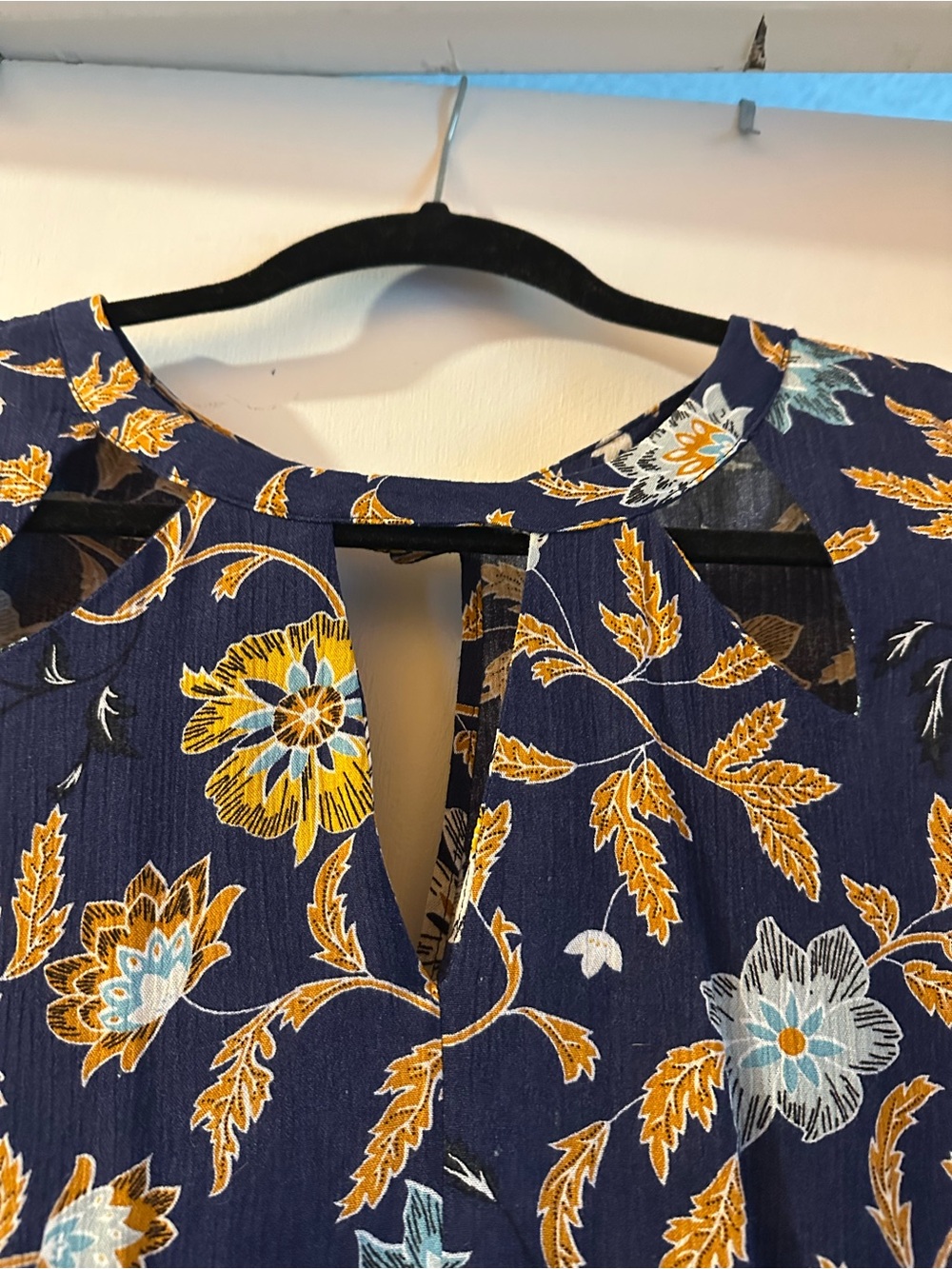 Hayden Navy Floral Keyhole Dress with Mustard and Light Blue Floral Print